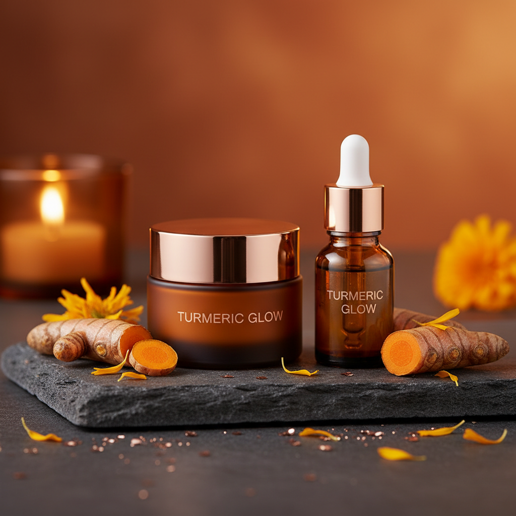 Turmeric Glow Skincare Set lifestyle flat lay on dark stone with golden turmeric root and candlelight